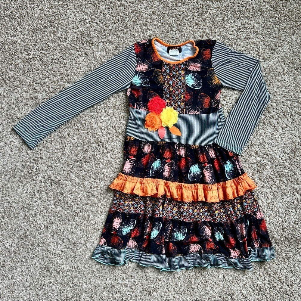 Zaza Couture I Girls Dress Mixed Media Leaf Stripe Ruffle Flower‎ I Size 8